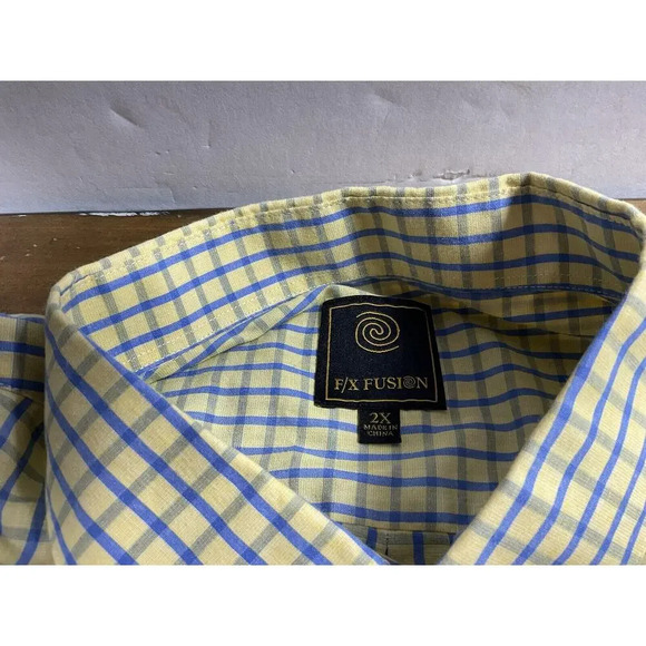 F/X Fusion Mens Size 2XL Yellow Blue Check Short Sleeve Button Front Shirt - Picture 4 of 8
